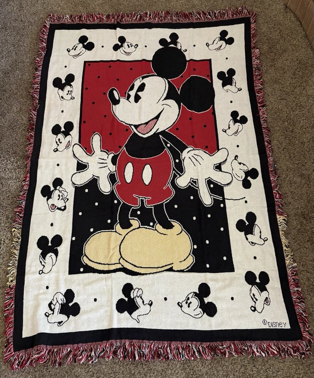 Vintage Beacon Tapestry Blanket Disney Mickey Mouse Fringed Cotton 46x66”